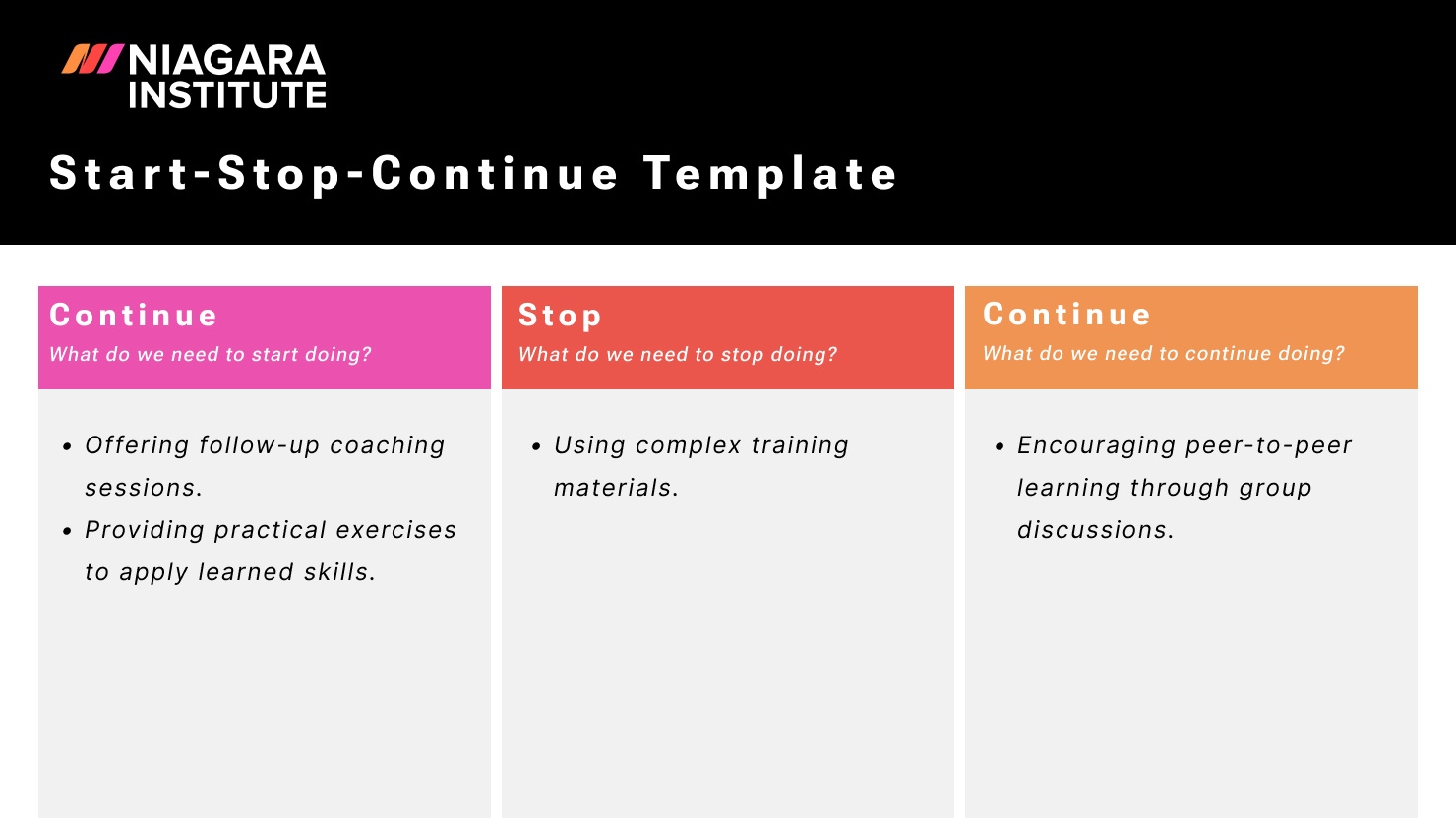 start stop continue feedback examples for managers
